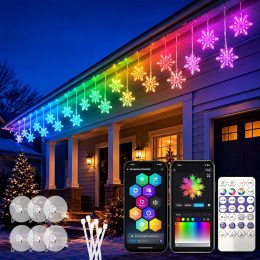 Smart Christmas Snowflake Lights, 6/12 Drops Icicle Lights Outdoor, APP & Remote Control with Music Sync, Waterproof Connectable for Roof Fence Window Garden Decoration